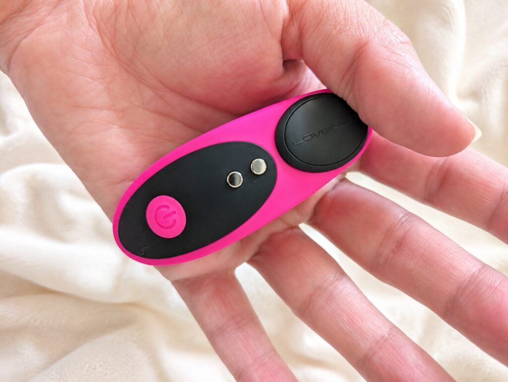 The Lovense Ferri in my hand (review of this panty vibe for wearable public sex play)