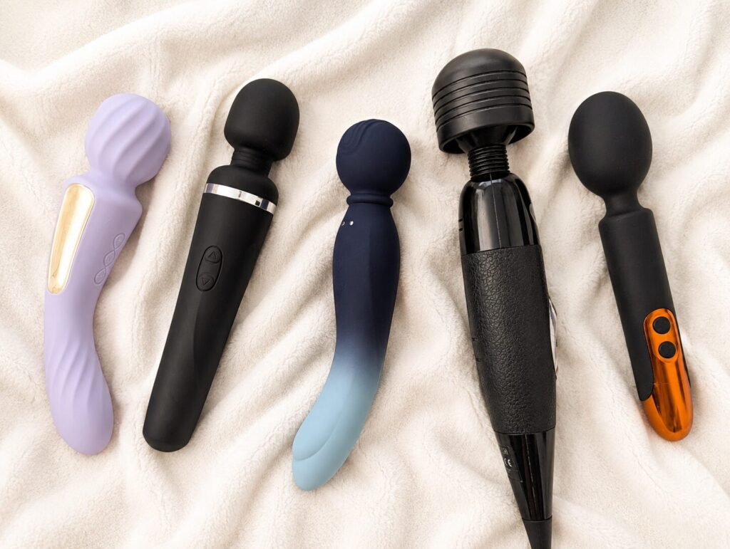 MAGIC WANDS L-R LELO Switch, Lovense Domi 2, Mylo, Lovehoney Classic and Rocks Off Oriel